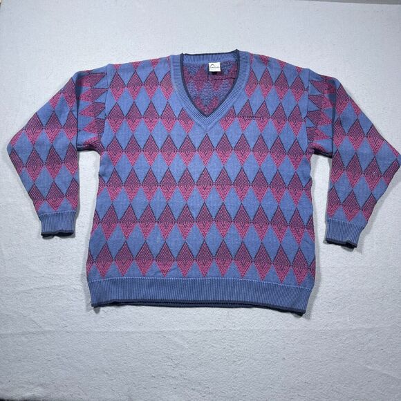 Vintage 80s Sweater Head Men Size XL Slouchy Argyle V Neck Tennis Knit Blue Pink - Picture 1 of 14